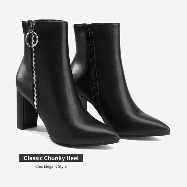 Chunky High Heel Ankle Boots - BLACK PU - 4